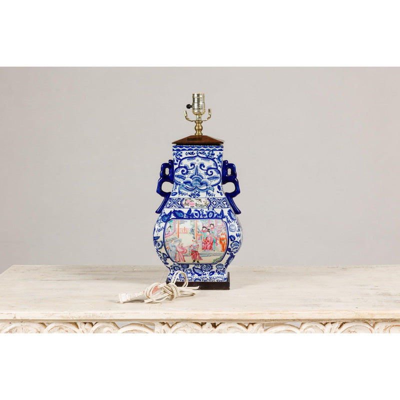 Blue and White Porcelain Table Lamp with Hand-Painted Court Scenes-YN5178-12. Asian & Chinese Furniture, Art, Antiques, Vintage Home Décor for sale at FEA Home
