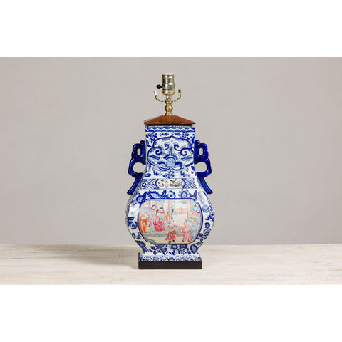 Blue and White Porcelain Table Lamp with Hand-Painted Court Scenes-YN5178-2. Asian & Chinese Furniture, Art, Antiques, Vintage Home Décor for sale at FEA Home