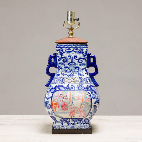 Blue and White Porcelain Table Lamp with Hand-Painted Court Scenes-YN5178-5. Asian & Chinese Furniture, Art, Antiques, Vintage Home Décor for sale at FEA Home