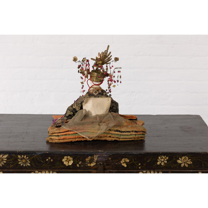 Taisho Period Sitting Doll with Silk Clothing and Ornate Headdress-YN5488-14. Asian & Chinese Furniture, Art, Antiques, Vintage Home Décor for sale at FEA Home