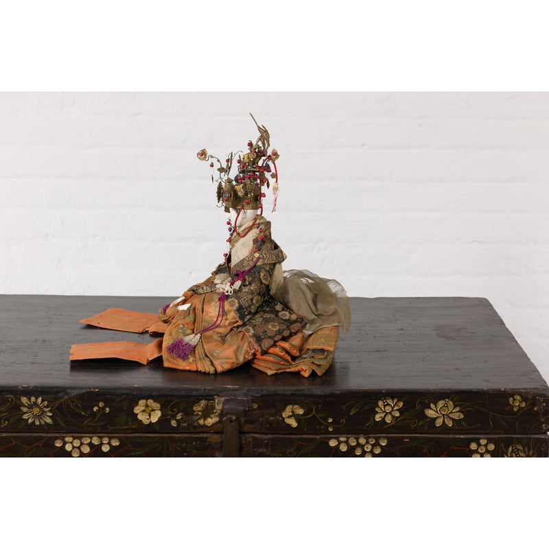 Taisho Period Sitting Doll with Silk Clothing and Ornate Headdress-YN5488-15. Asian & Chinese Furniture, Art, Antiques, Vintage Home Décor for sale at FEA Home