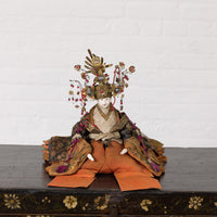 Taisho Period Sitting Doll with Silk Clothing and Ornate Headdress