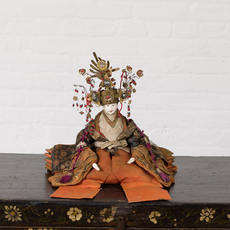 Taisho Period Sitting Doll with Silk Clothing and Ornate Headdress-YN5488-2. Asian & Chinese Furniture, Art, Antiques, Vintage Home Décor for sale at FEA Home