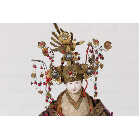 Taisho Period Sitting Doll with Silk Clothing and Ornate Headdress-YN5488-4. Asian & Chinese Furniture, Art, Antiques, Vintage Home Décor for sale at FEA Home