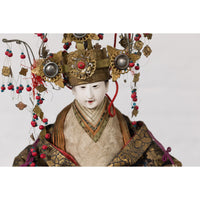 Taisho Period Sitting Doll with Silk Clothing and Ornate Headdress
