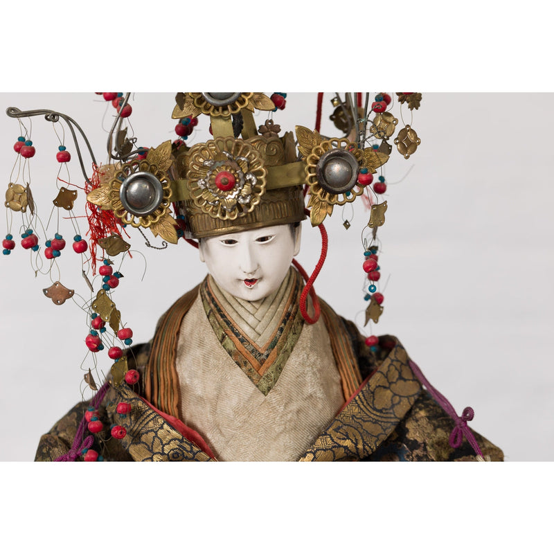 Taisho Period Sitting Doll with Silk Clothing and Ornate Headdress-YN5488-5. Asian & Chinese Furniture, Art, Antiques, Vintage Home Décor for sale at FEA Home