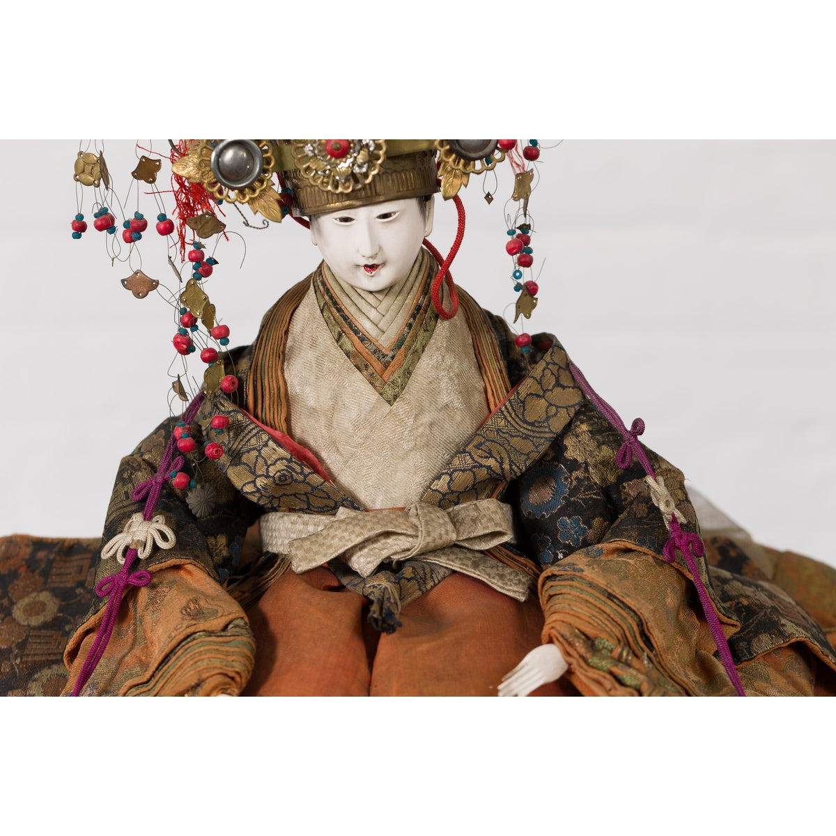 Taisho Period Sitting Doll with Silk Clothing and Ornate Headdress-6. Asian & Chinese Furniture, Art, Antiques, Vintage Home Décor for sale at FEA Home