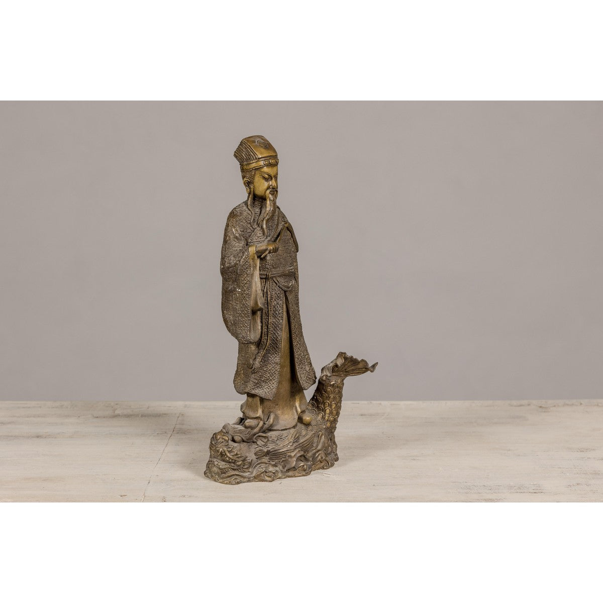Bronze Statuette of a Chinese Ancestral Figure Standing on a Giant Fish-10. Asian & Chinese Furniture, Art, Antiques, Vintage Home Décor for sale at FEA Home