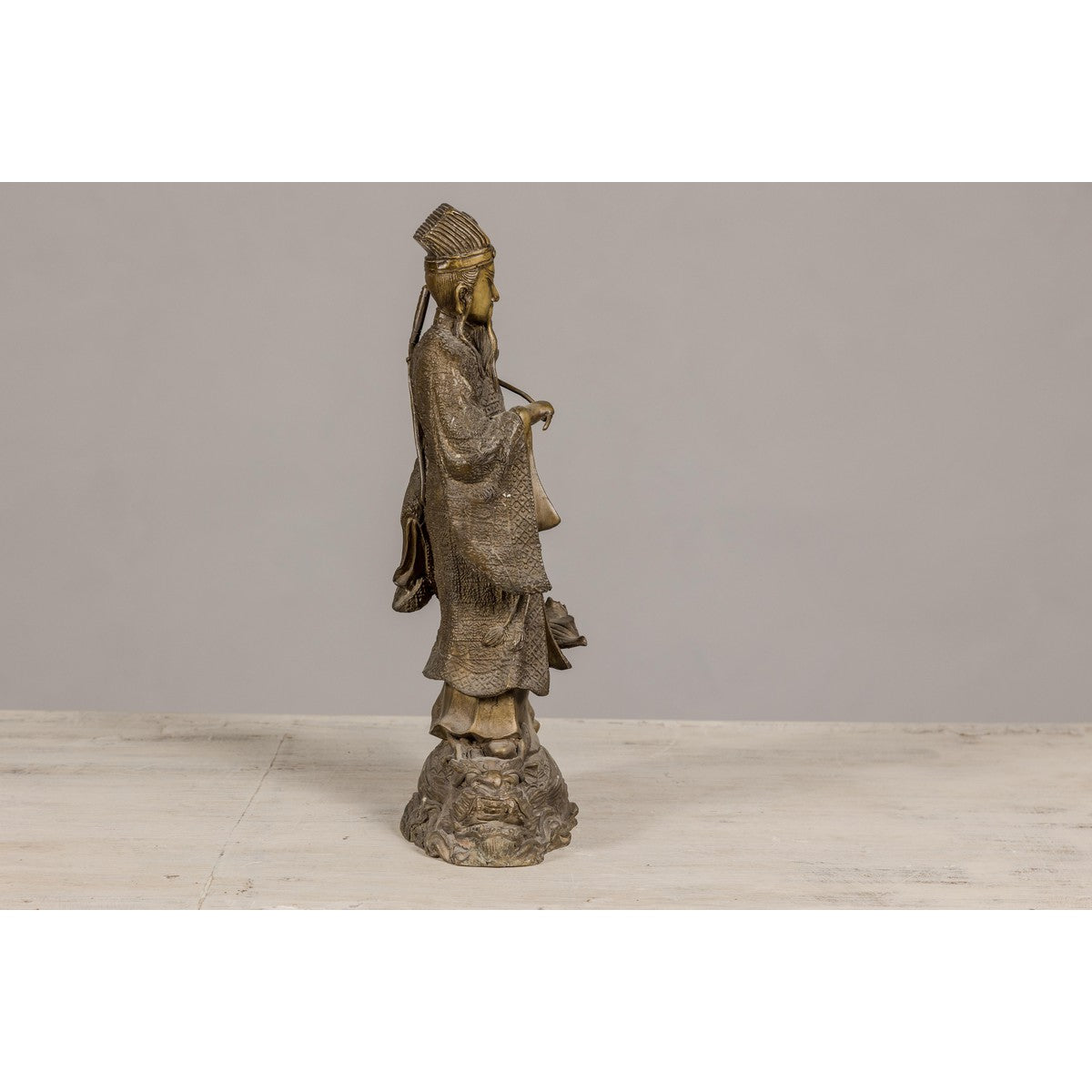 Bronze Statuette of a Chinese Ancestral Figure Standing on a Giant Fish-12. Asian & Chinese Furniture, Art, Antiques, Vintage Home Décor for sale at FEA Home