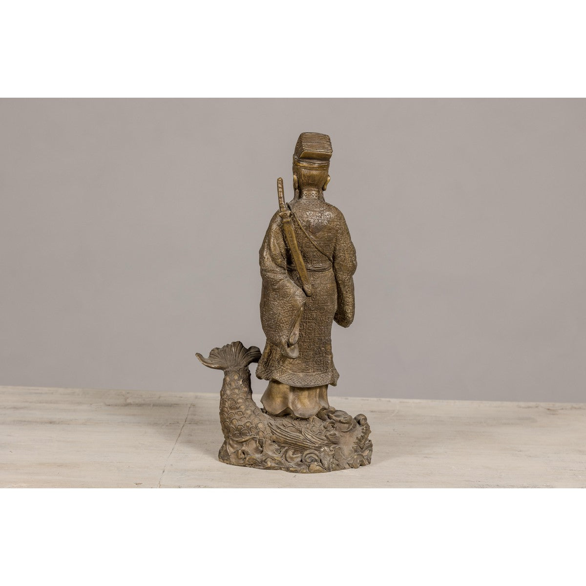 Bronze Statuette of a Chinese Ancestral Figure Standing on a Giant Fish-13. Asian & Chinese Furniture, Art, Antiques, Vintage Home Décor for sale at FEA Home