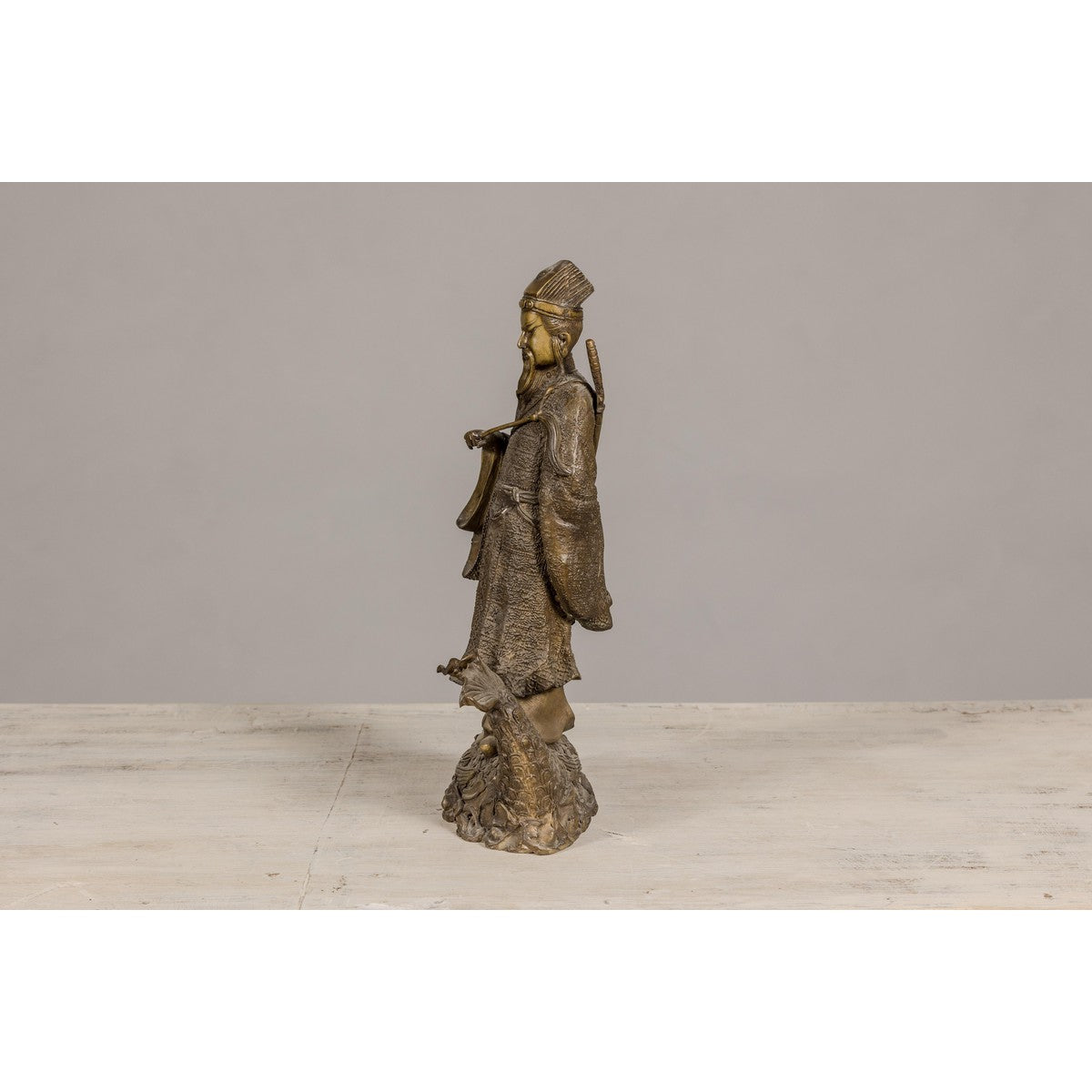 Bronze Statuette of a Chinese Ancestral Figure Standing on a Giant Fish-14. Asian & Chinese Furniture, Art, Antiques, Vintage Home Décor for sale at FEA Home