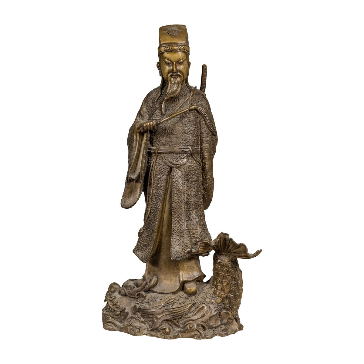 Bronze Statuette of a Chinese Ancestral Figure Standing on a Giant Fish-2. Asian & Chinese Furniture, Art, Antiques, Vintage Home Décor for sale at FEA Home