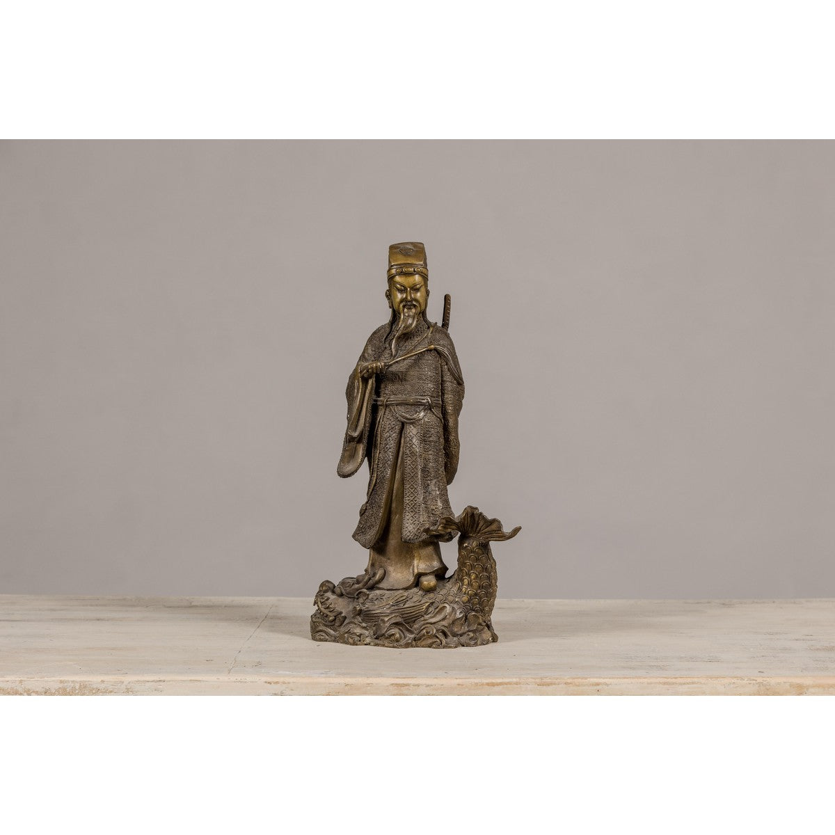 Bronze Statuette of a Chinese Ancestral Figure Standing on a Giant Fish-3. Asian & Chinese Furniture, Art, Antiques, Vintage Home Décor for sale at FEA Home