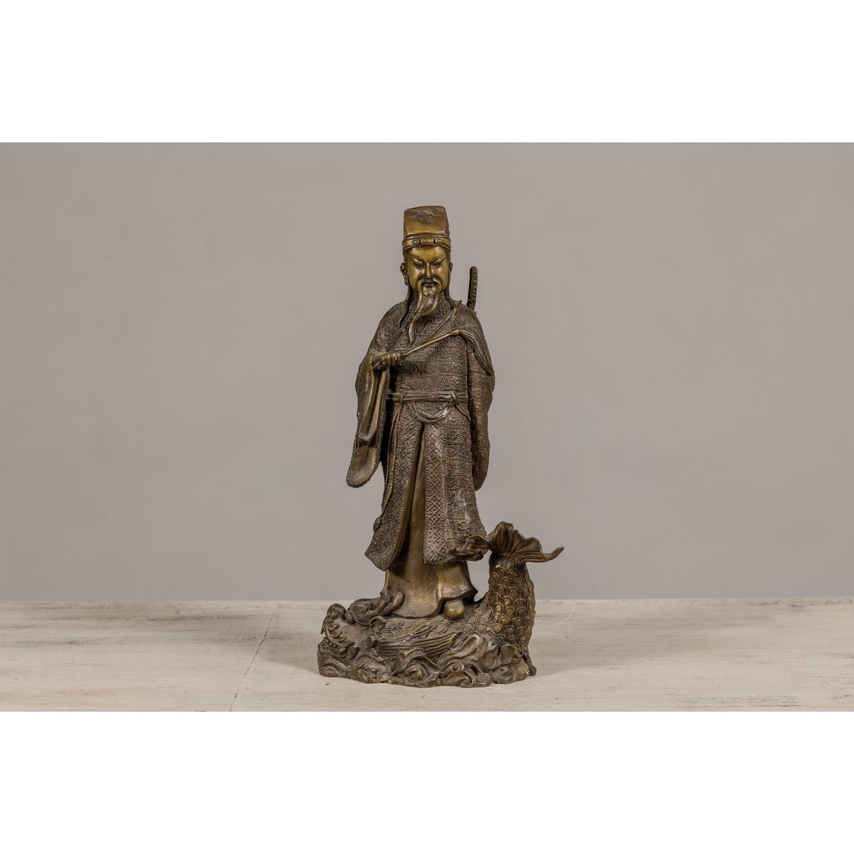 Bronze Statuette of a Chinese Ancestral Figure Standing on a Giant Fish-4. Asian & Chinese Furniture, Art, Antiques, Vintage Home Décor for sale at FEA Home