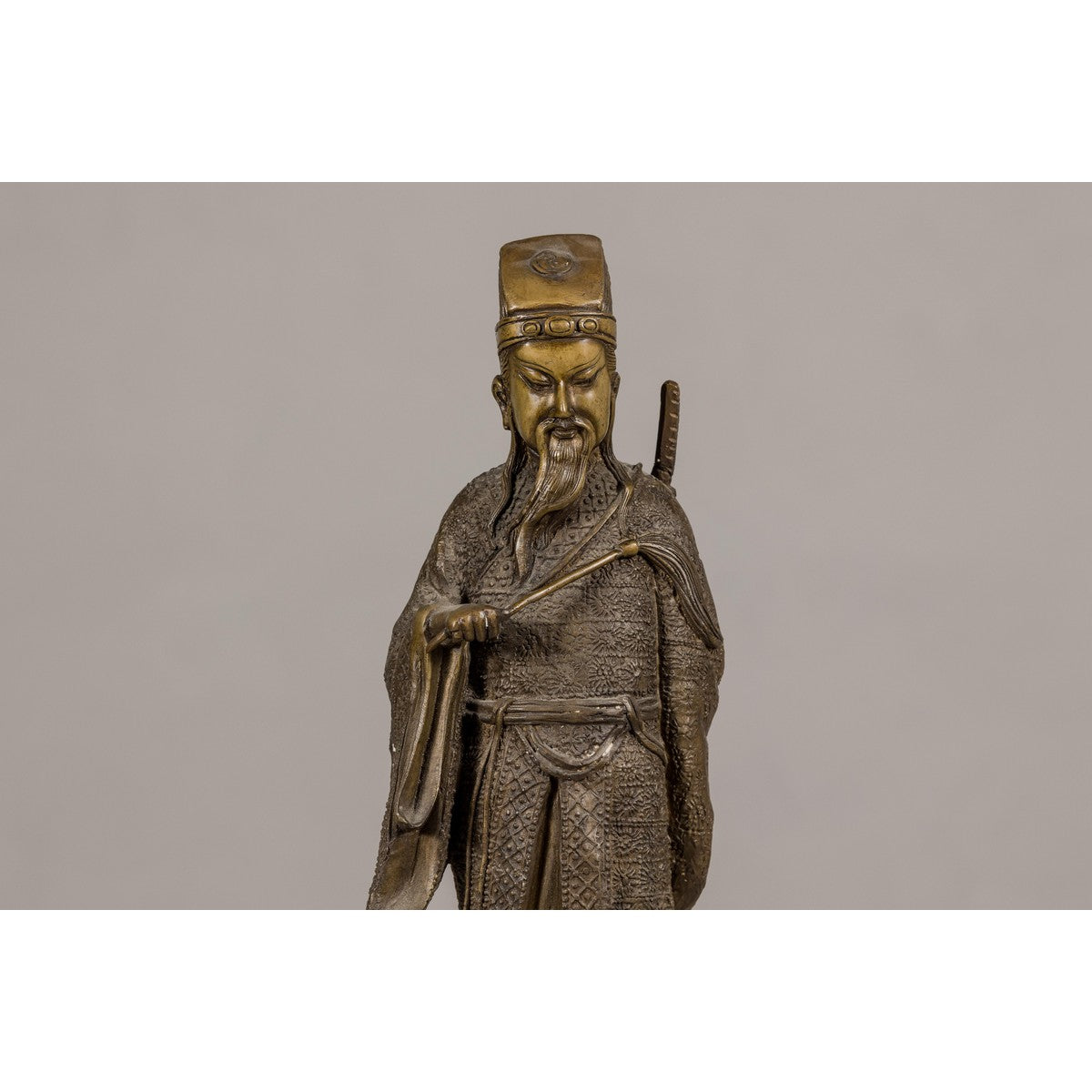 Bronze Statuette of a Chinese Ancestral Figure Standing on a Giant Fish-5. Asian & Chinese Furniture, Art, Antiques, Vintage Home Décor for sale at FEA Home
