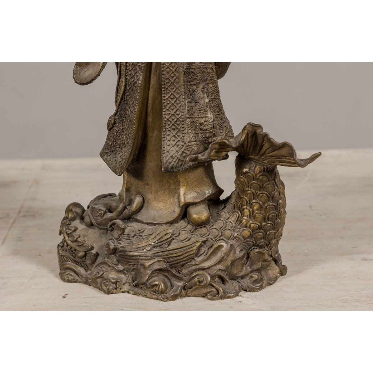 Bronze Statuette of a Chinese Ancestral Figure Standing on a Giant Fish-7. Asian & Chinese Furniture, Art, Antiques, Vintage Home Décor for sale at FEA Home