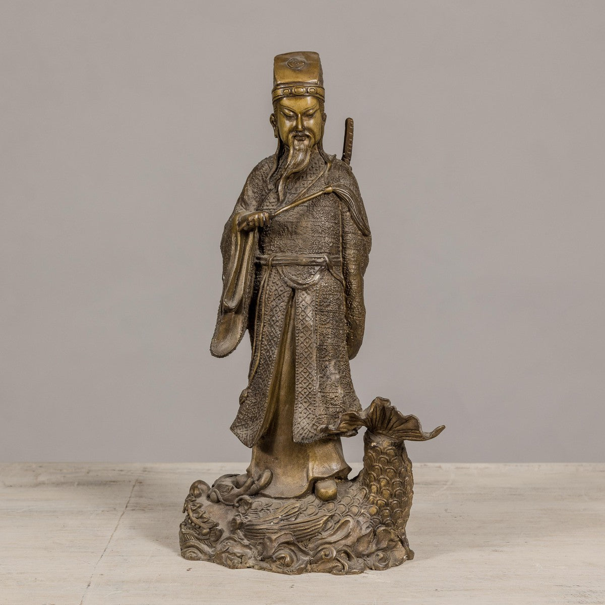 Bronze Statuette of a Chinese Ancestral Figure Standing on a Giant Fish-8. Asian & Chinese Furniture, Art, Antiques, Vintage Home Décor for sale at FEA Home