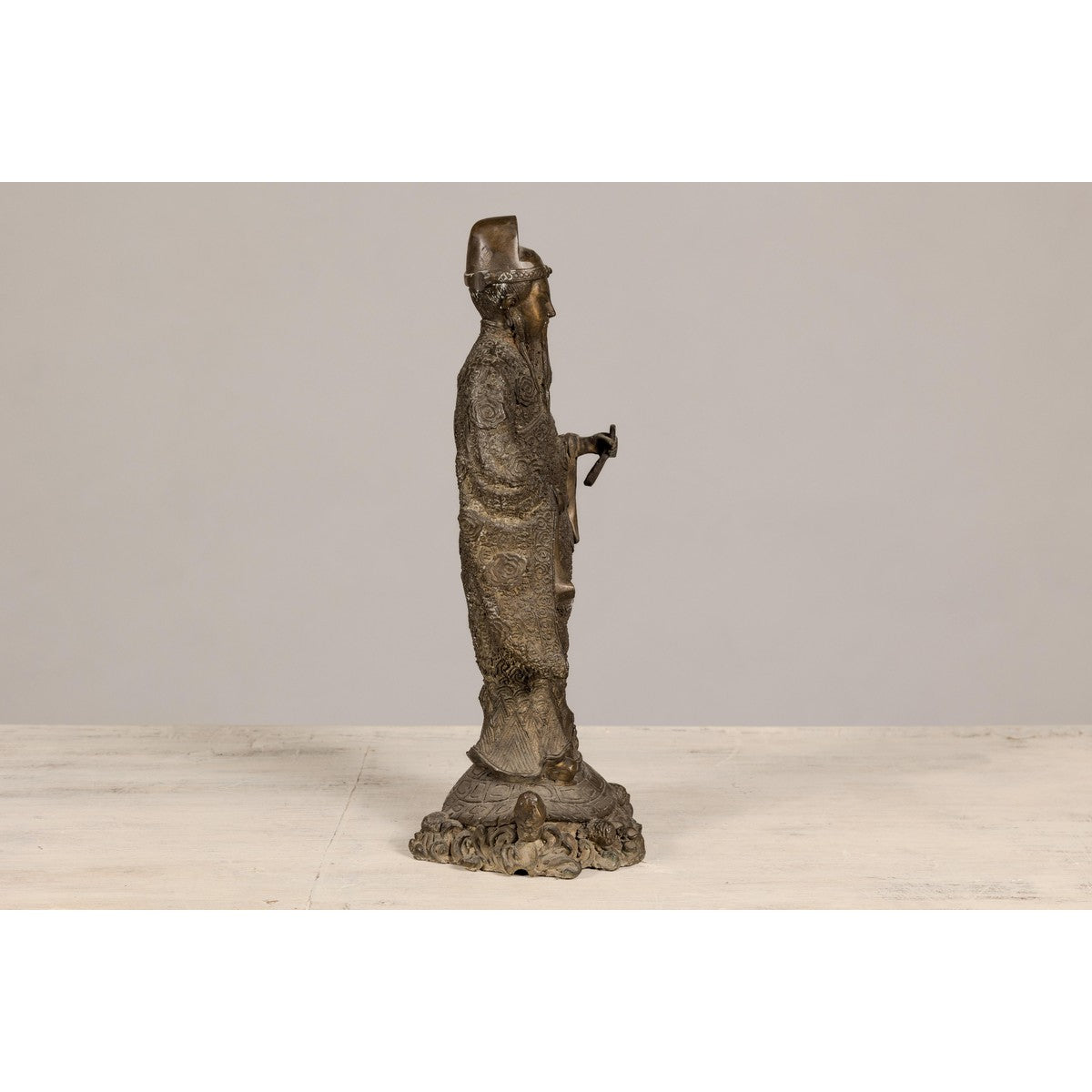 Bronze Statuette of a Scholar Standing on a Turtle, with Detailed Robe-10. Asian & Chinese Furniture, Art, Antiques, Vintage Home Décor for sale at FEA Home