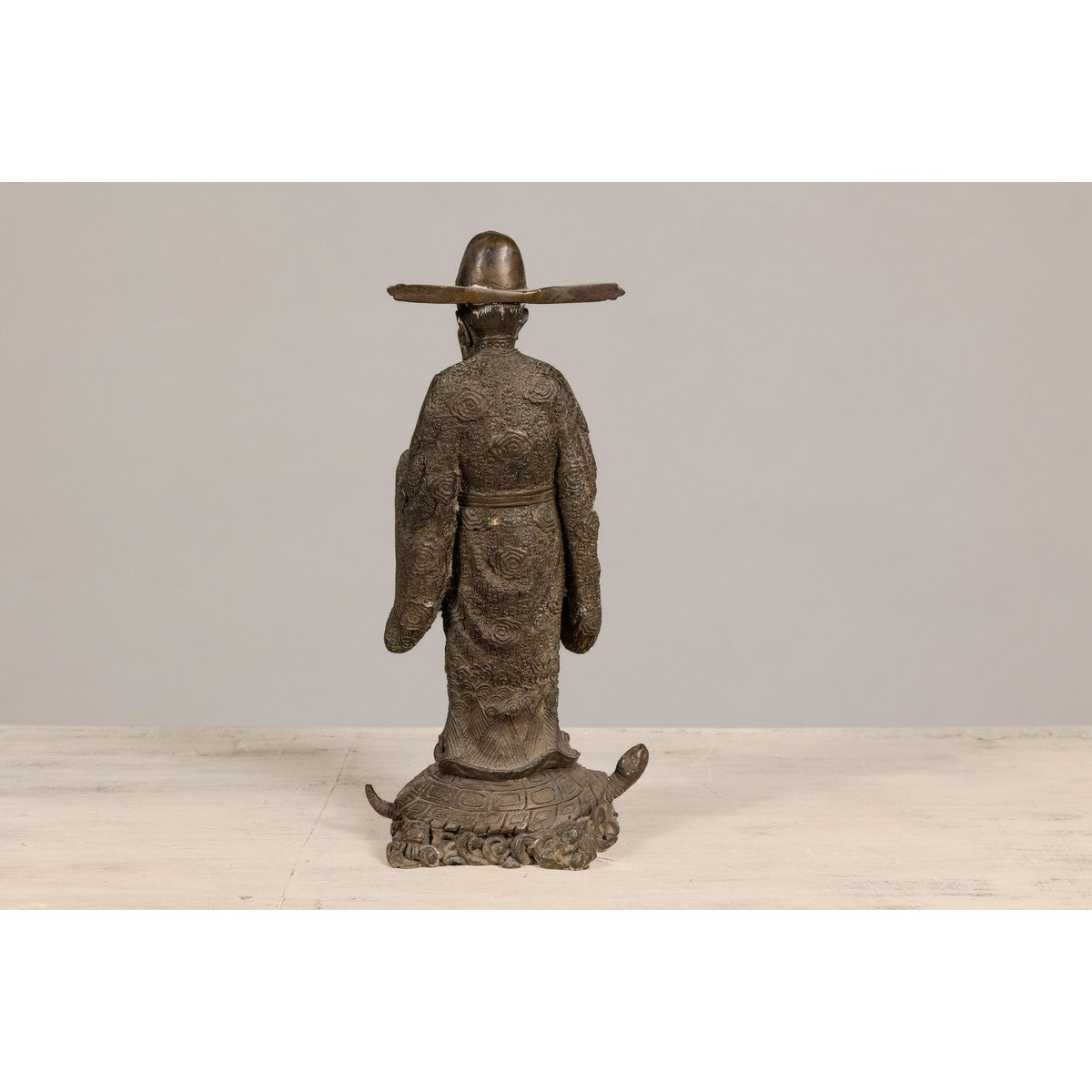 Bronze Statuette of a Scholar Standing on a Turtle, with Detailed Robe-11. Asian & Chinese Furniture, Art, Antiques, Vintage Home Décor for sale at FEA Home