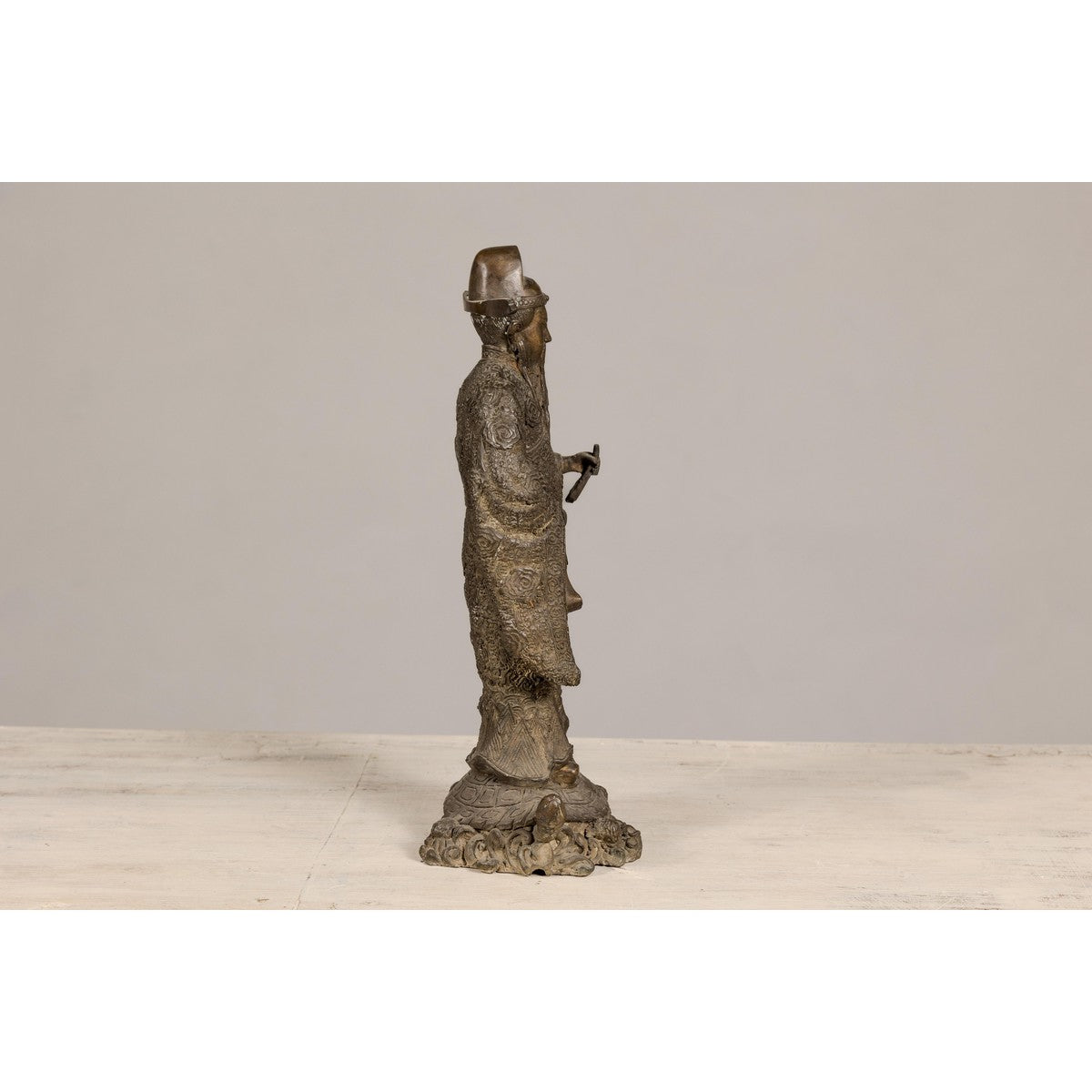 Bronze Statuette of a Scholar Standing on a Turtle, with Detailed Robe-12. Asian & Chinese Furniture, Art, Antiques, Vintage Home Décor for sale at FEA Home
