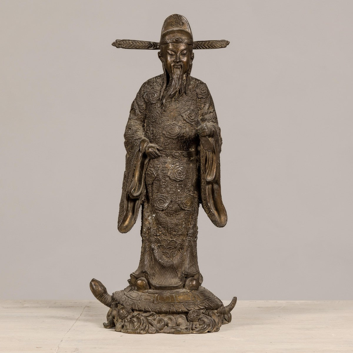 Bronze Statuette of a Scholar Standing on a Turtle, with Detailed Robe-2. Asian & Chinese Furniture, Art, Antiques, Vintage Home Décor for sale at FEA Home