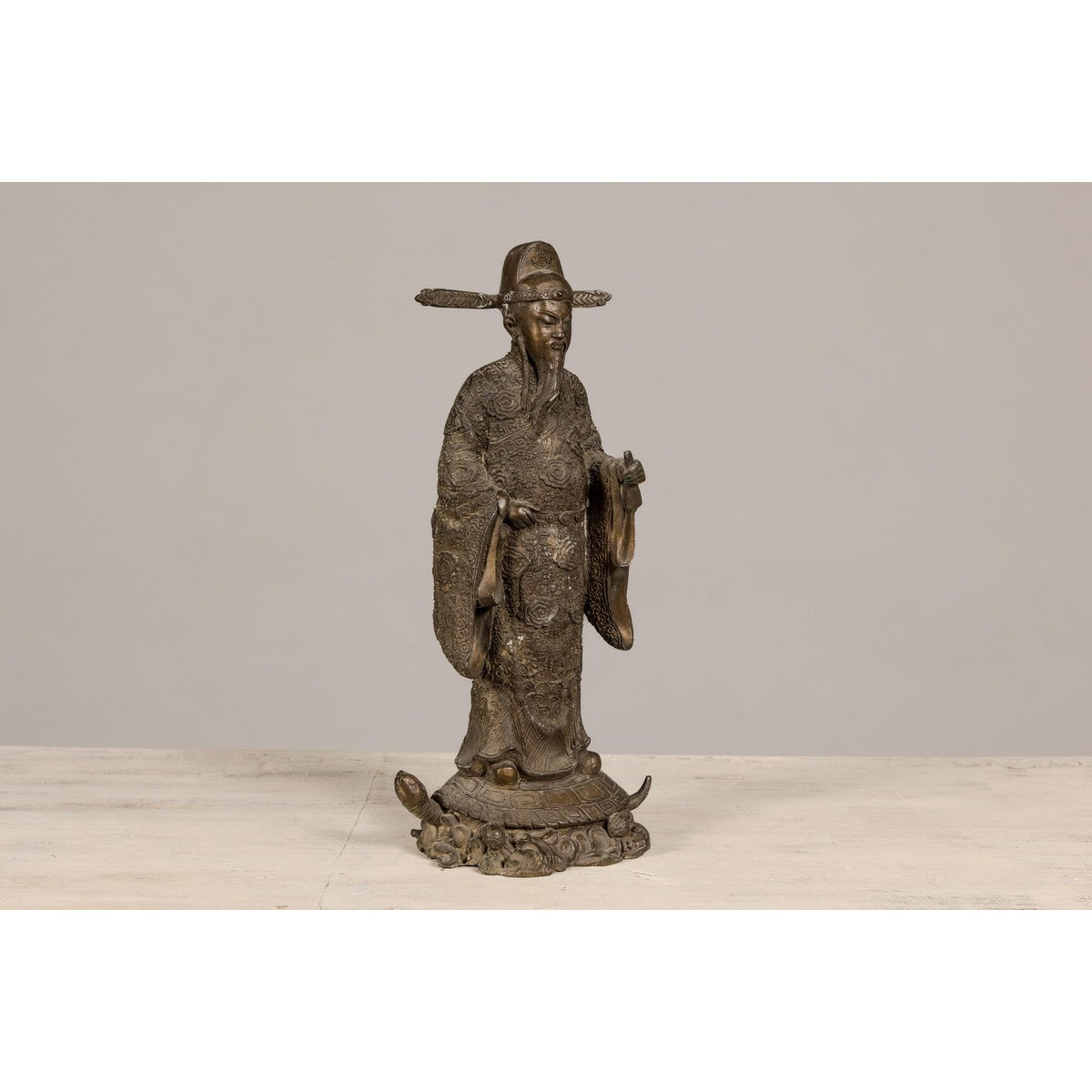 Bronze Statuette of a Scholar Standing on a Turtle, with Detailed Robe-9. Asian & Chinese Furniture, Art, Antiques, Vintage Home Décor for sale at FEA Home
