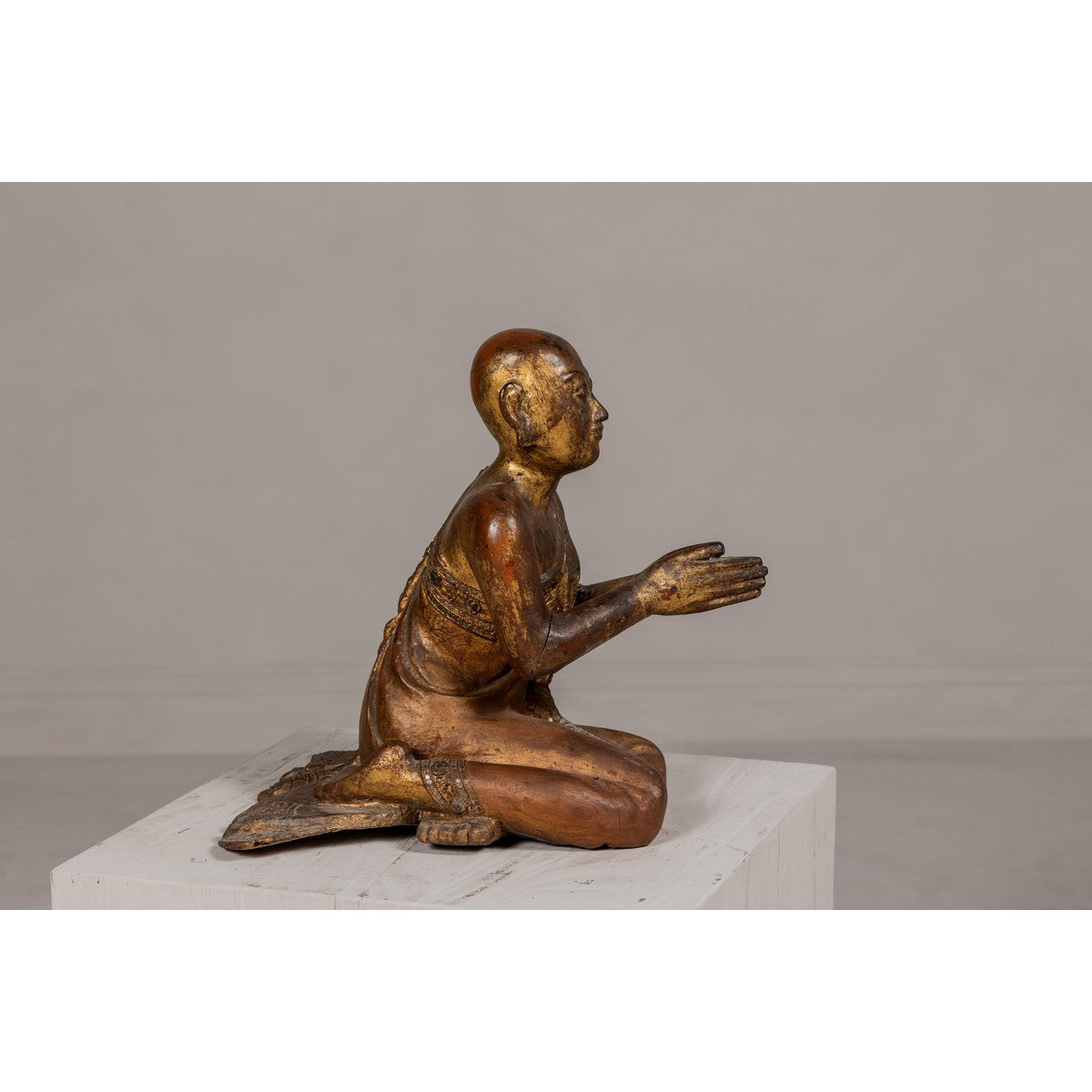 Thai 1900s Gilt and Polychrome Hand Carved Sculpture of Seated Buddhist Monk-10. Asian & Chinese Furniture, Art, Antiques, Vintage Home Décor for sale at FEA Home