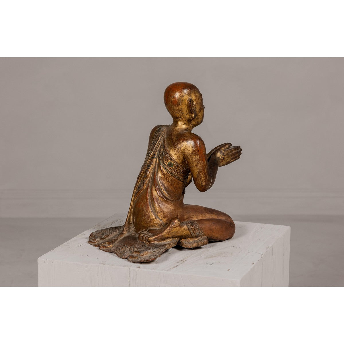 Thai 1900s Gilt and Polychrome Hand Carved Sculpture of Seated Buddhist Monk-11. Asian & Chinese Furniture, Art, Antiques, Vintage Home Décor for sale at FEA Home