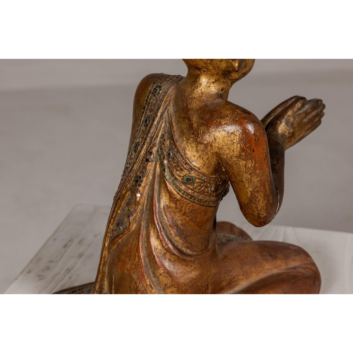 Thai 1900s Gilt and Polychrome Hand Carved Sculpture of Seated Buddhist Monk-12. Asian & Chinese Furniture, Art, Antiques, Vintage Home Décor for sale at FEA Home