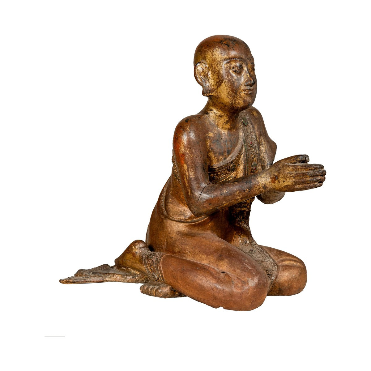 Thai 1900s Gilt and Polychrome Hand Carved Sculpture of Seated Buddhist Monk-15. Asian & Chinese Furniture, Art, Antiques, Vintage Home Décor for sale at FEA Home