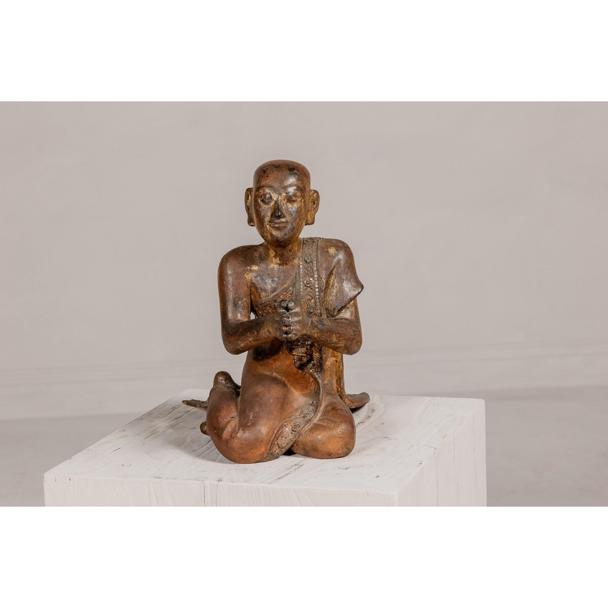 Thai 1900s Gilt and Polychrome Hand Carved Sculpture of Seated Buddhist Monk-2. Asian & Chinese Furniture, Art, Antiques, Vintage Home Décor for sale at FEA Home