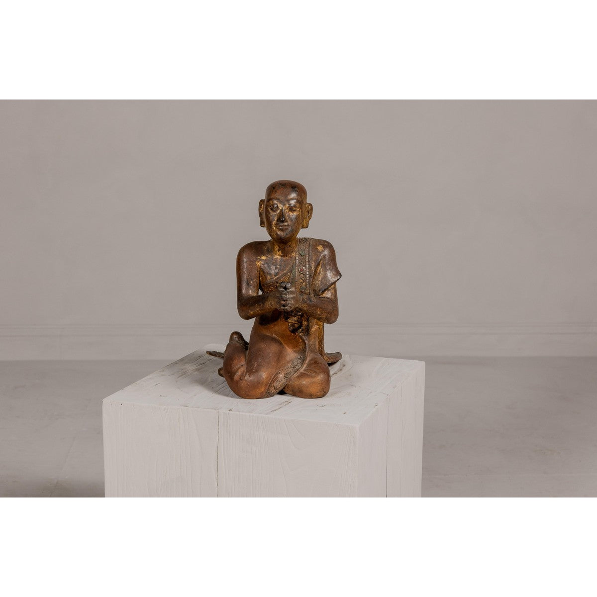 Thai 1900s Gilt and Polychrome Hand Carved Sculpture of Seated Buddhist Monk-3. Asian & Chinese Furniture, Art, Antiques, Vintage Home Décor for sale at FEA Home