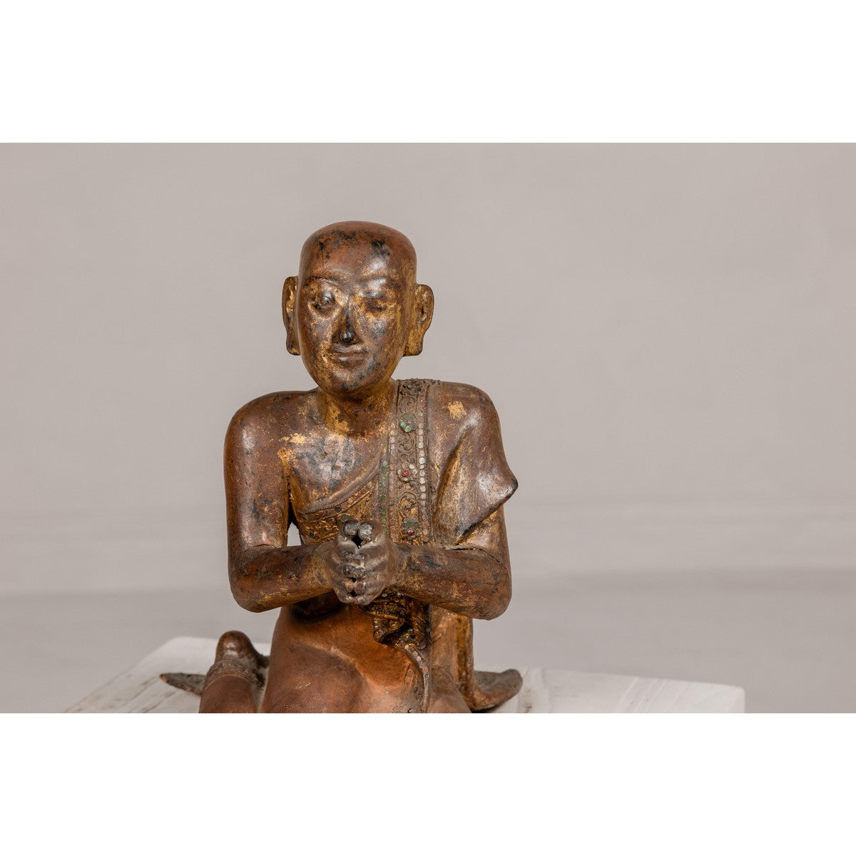 Thai 1900s Gilt and Polychrome Hand Carved Sculpture of Seated Buddhist Monk-4. Asian & Chinese Furniture, Art, Antiques, Vintage Home Décor for sale at FEA Home