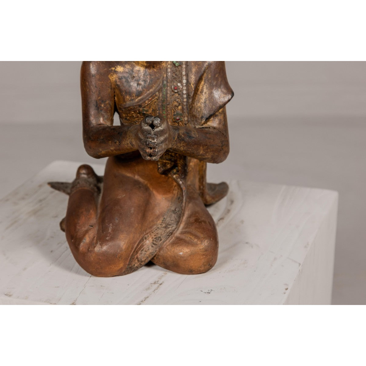 Thai 1900s Gilt and Polychrome Hand Carved Sculpture of Seated Buddhist Monk-5. Asian & Chinese Furniture, Art, Antiques, Vintage Home Décor for sale at FEA Home