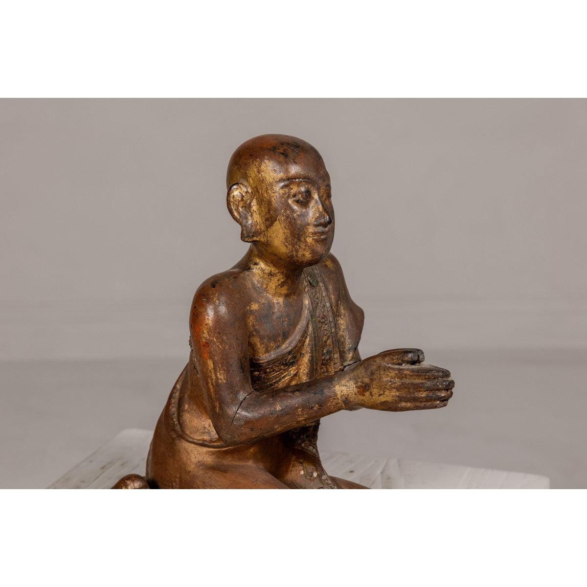 Thai 1900s Gilt and Polychrome Hand Carved Sculpture of Seated Buddhist Monk-8. Asian & Chinese Furniture, Art, Antiques, Vintage Home Décor for sale at FEA Home