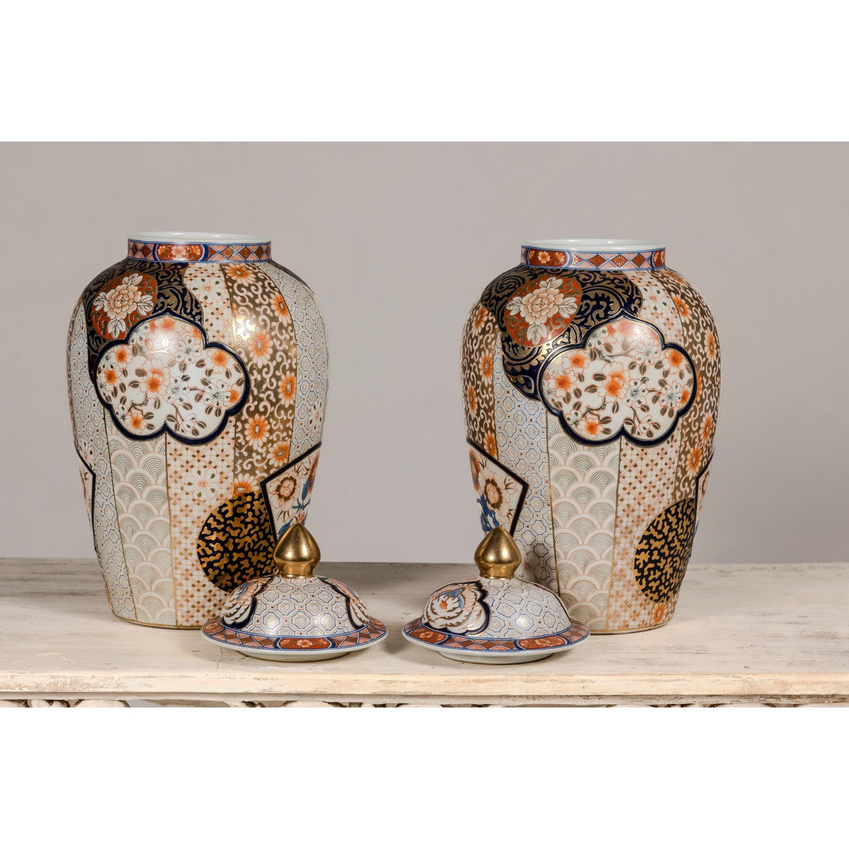 Arita Style Lidded Jars with Gold, Blue and Orange Floral Motifs-15. Asian & Chinese Furniture, Art, Antiques, Vintage Home Décor for sale at FEA Home
