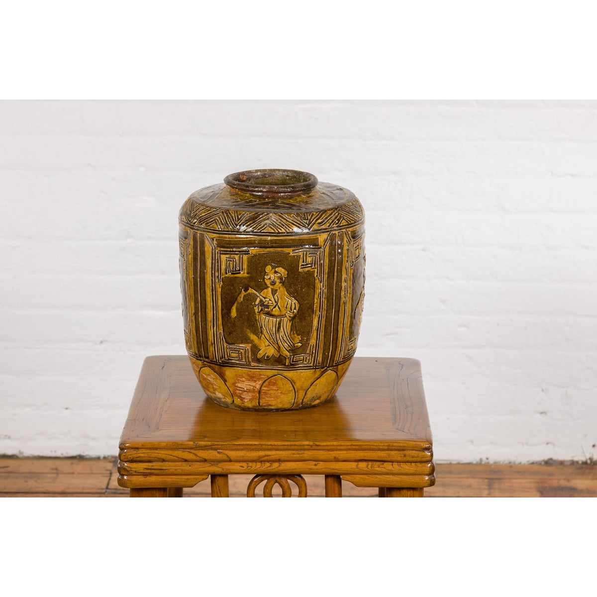Two-Toned Brown Vase with Archaic Style Figures and Calligraphy Motifs-16. Asian & Chinese Furniture, Art, Antiques, Vintage Home Décor for sale at FEA Home