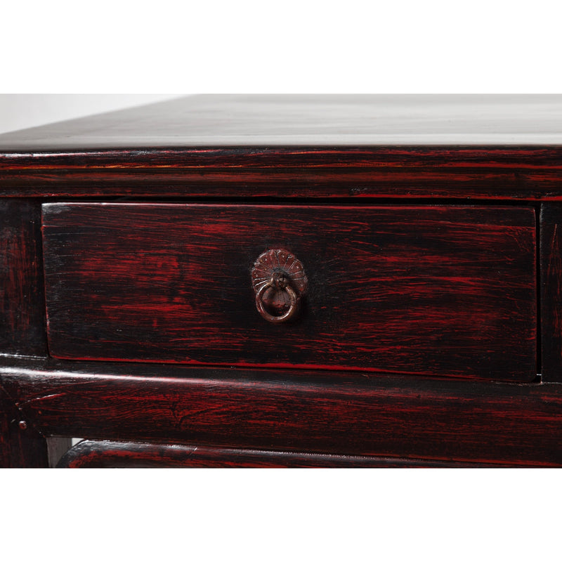 Chinese Antique Lacquered Wooden Desk with Four Drawers and Curling Scrolls-YN6105-10. Asian & Chinese Furniture, Art, Antiques, Vintage Home Décor for sale at FEA Home