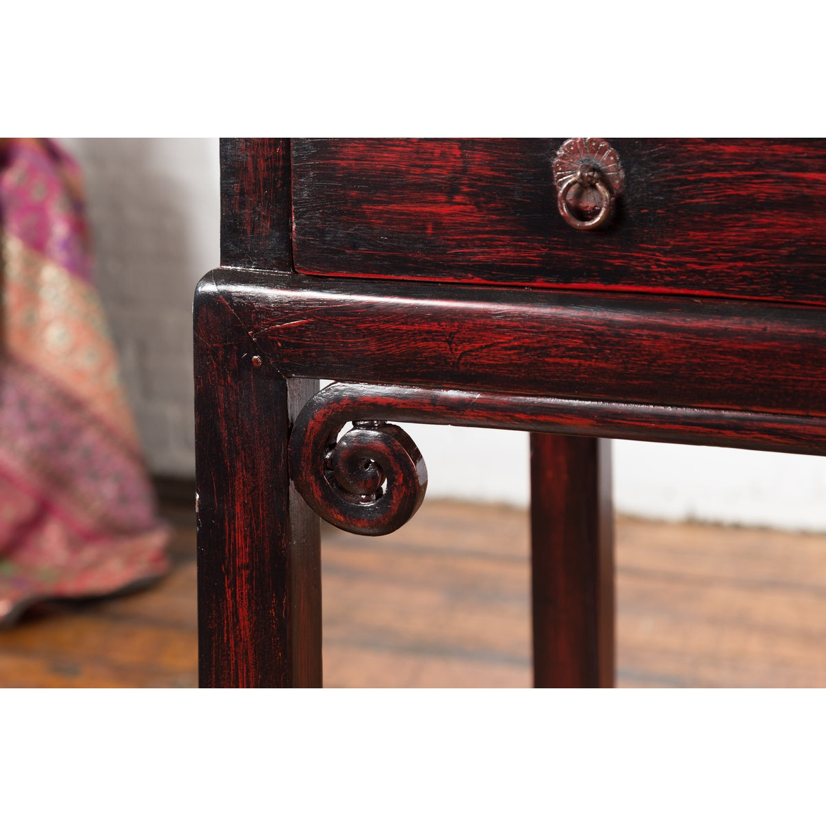 Chinese Antique Lacquered Wooden Desk with Four Drawers and Curling Scrolls-12. Asian & Chinese Furniture, Art, Antiques, Vintage Home Décor for sale at FEA Home