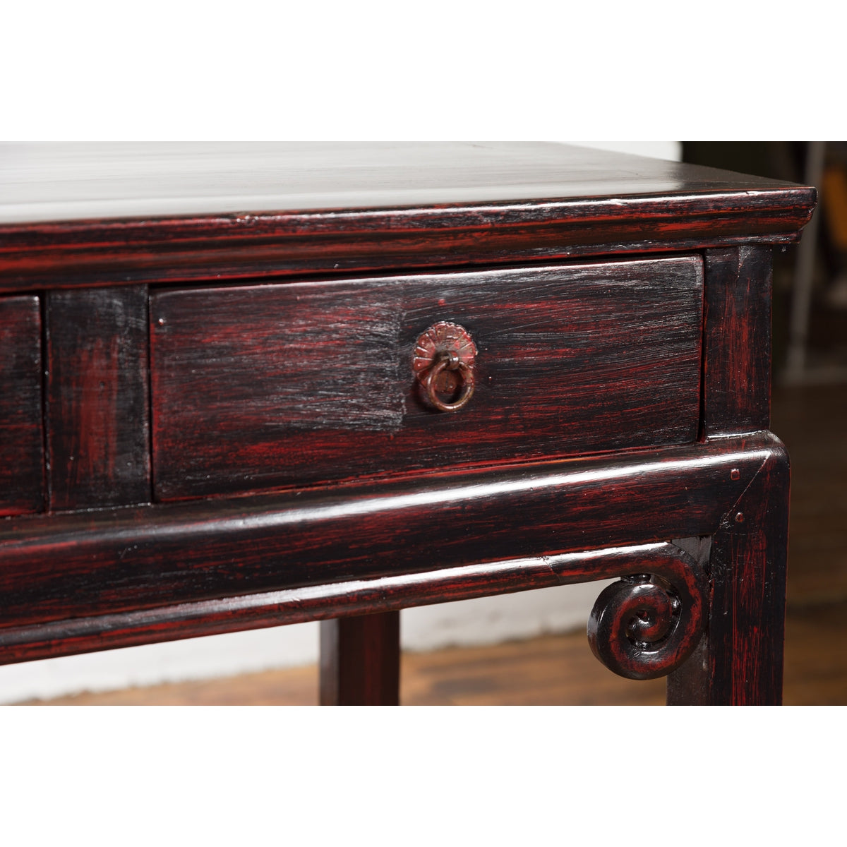 Chinese Antique Lacquered Wooden Desk with Four Drawers and Curling Scrolls-13. Asian & Chinese Furniture, Art, Antiques, Vintage Home Décor for sale at FEA Home
