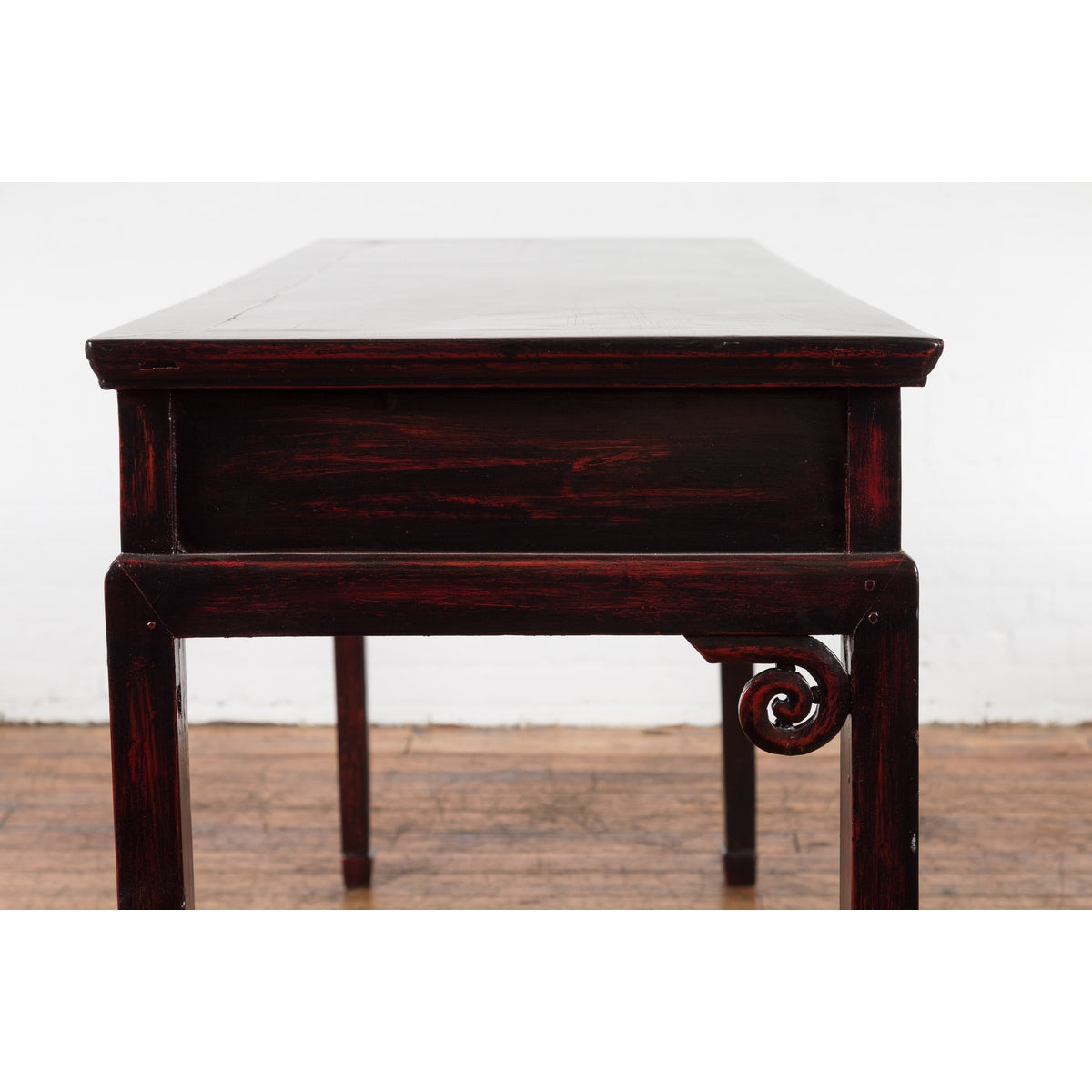 Chinese Antique Lacquered Wooden Desk with Four Drawers and Curling Scrolls-15. Asian & Chinese Furniture, Art, Antiques, Vintage Home Décor for sale at FEA Home
