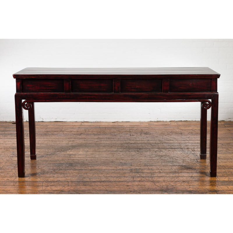 Chinese Antique Lacquered Wooden Desk with Four Drawers and Curling Scrolls-YN6105-17. Asian & Chinese Furniture, Art, Antiques, Vintage Home Décor for sale at FEA Home