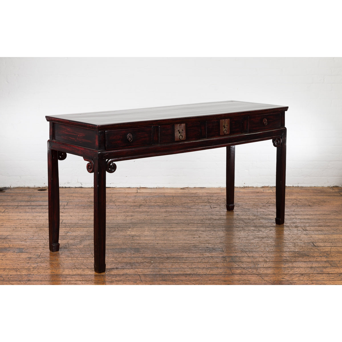 Chinese Antique Lacquered Wooden Desk with Four Drawers and Curling Scrolls-3. Asian & Chinese Furniture, Art, Antiques, Vintage Home Décor for sale at FEA Home