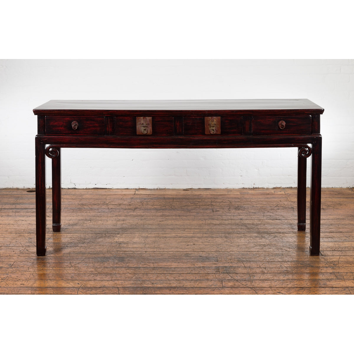 Chinese Antique Lacquered Wooden Desk with Four Drawers and Curling Scrolls-4. Asian & Chinese Furniture, Art, Antiques, Vintage Home Décor for sale at FEA Home