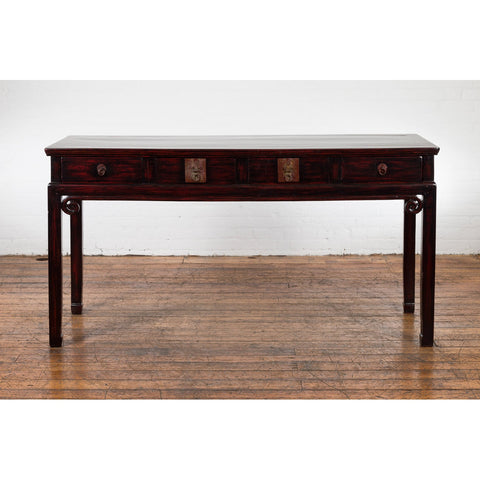 Chinese Antique Lacquered Wooden Desk with Four Drawers and Curling Scrolls-YN6105-4. Asian & Chinese Furniture, Art, Antiques, Vintage Home Décor for sale at FEA Home