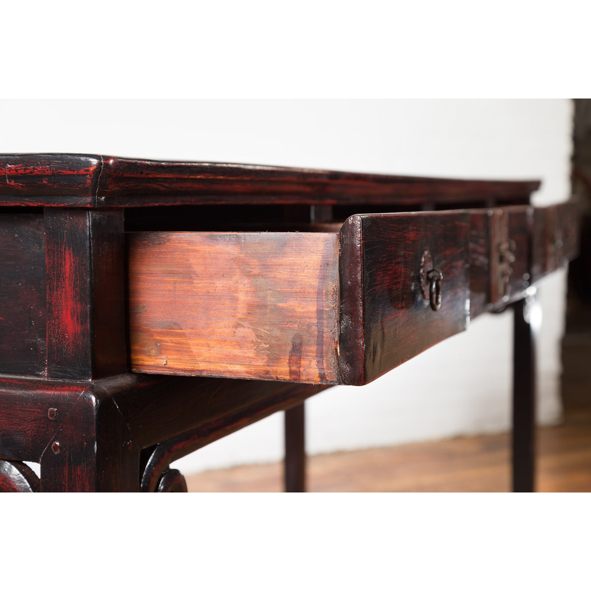 Chinese Antique Lacquered Wooden Desk with Four Drawers and Curling Scrolls-5. Asian & Chinese Furniture, Art, Antiques, Vintage Home Décor for sale at FEA Home