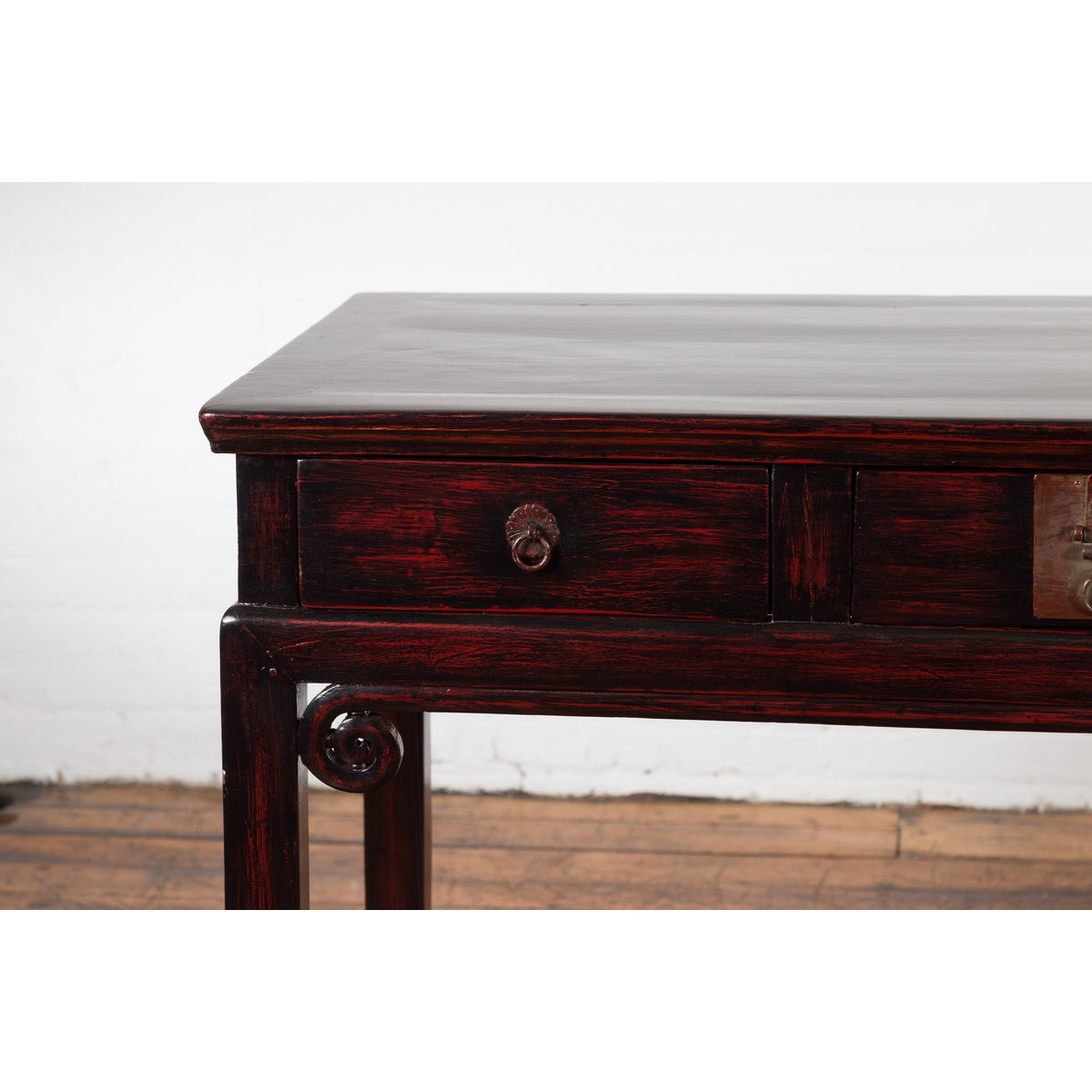 Chinese Antique Lacquered Wooden Desk with Four Drawers and Curling Scrolls-6. Asian & Chinese Furniture, Art, Antiques, Vintage Home Décor for sale at FEA Home