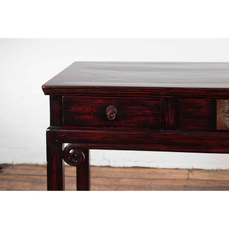 Chinese Antique Lacquered Wooden Desk with Four Drawers and Curling Scrolls-YN6105-6. Asian & Chinese Furniture, Art, Antiques, Vintage Home Décor for sale at FEA Home
