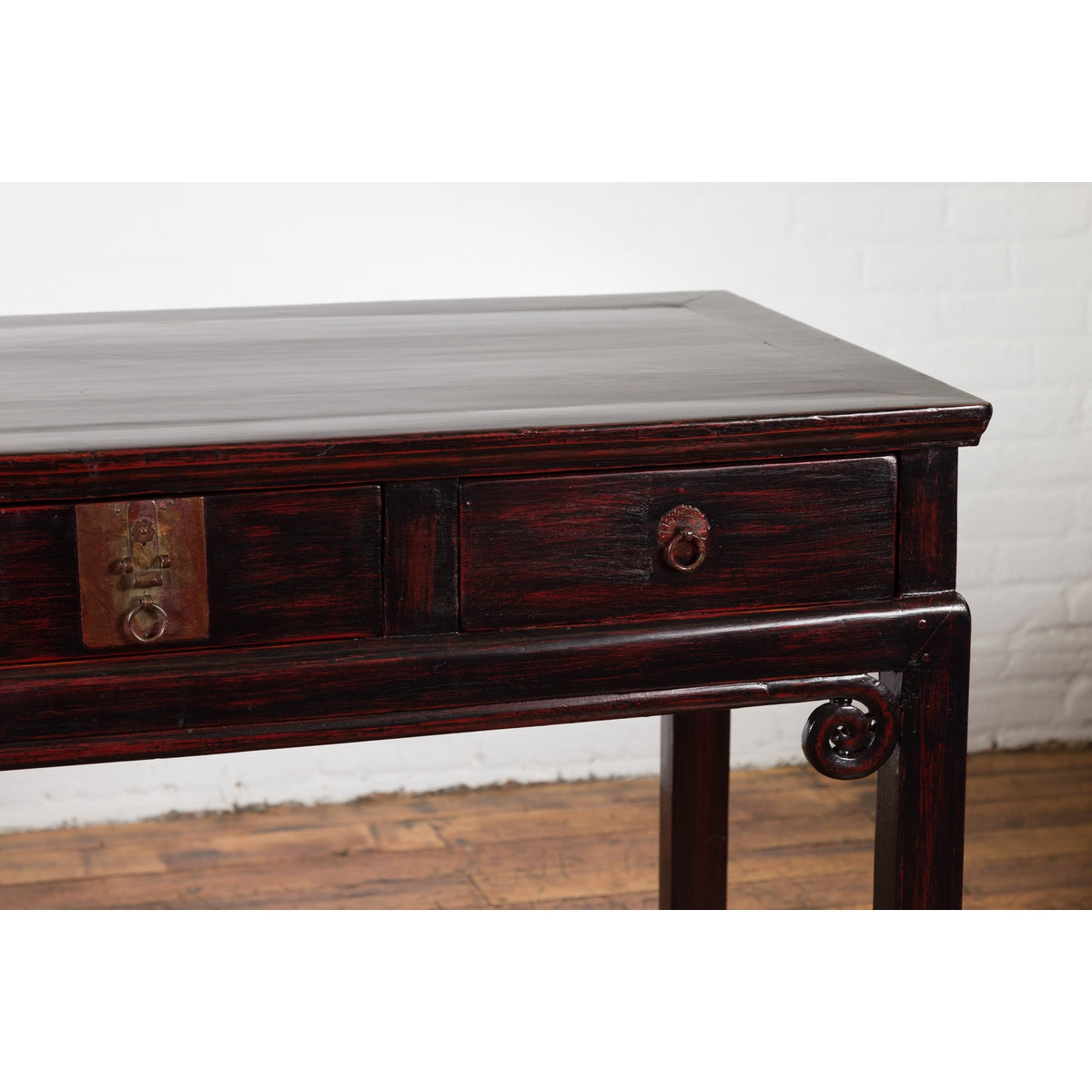 Chinese Antique Lacquered Wooden Desk with Four Drawers and Curling Scrolls-7. Asian & Chinese Furniture, Art, Antiques, Vintage Home Décor for sale at FEA Home
