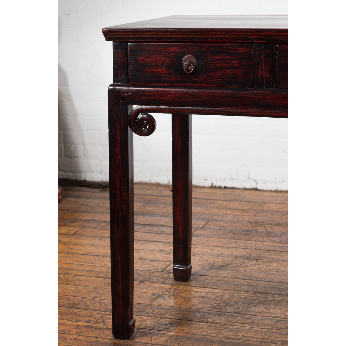 Chinese Antique Lacquered Wooden Desk with Four Drawers and Curling Scrolls-8. Asian & Chinese Furniture, Art, Antiques, Vintage Home Décor for sale at FEA Home